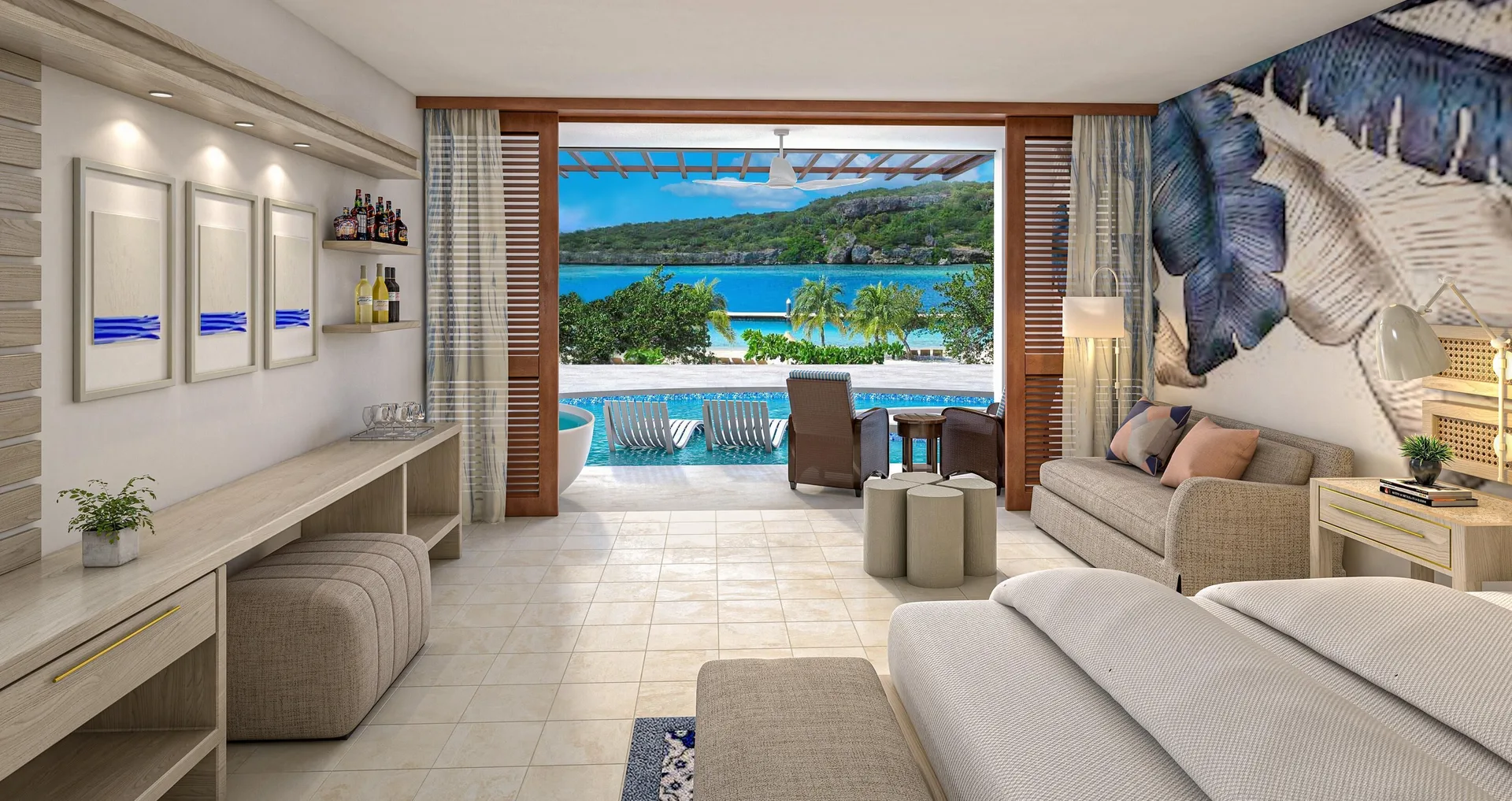 Guest room sitting area opening to a pool and ocean view at Sandals Royal Curacao.