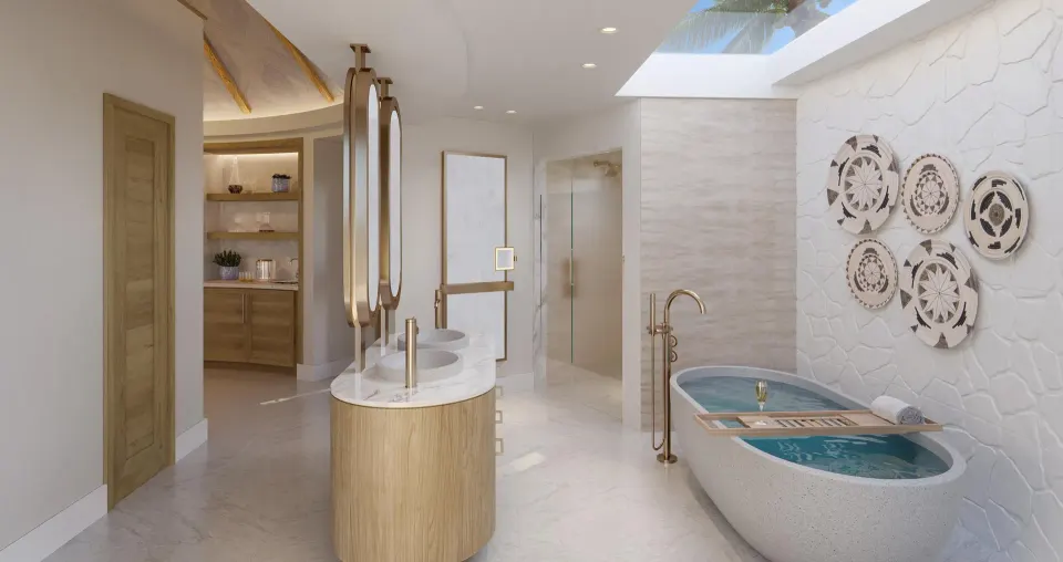 Asombroso Rondoval Butler Villa bathroom with soaking tub at Sandals Royal Curacao.