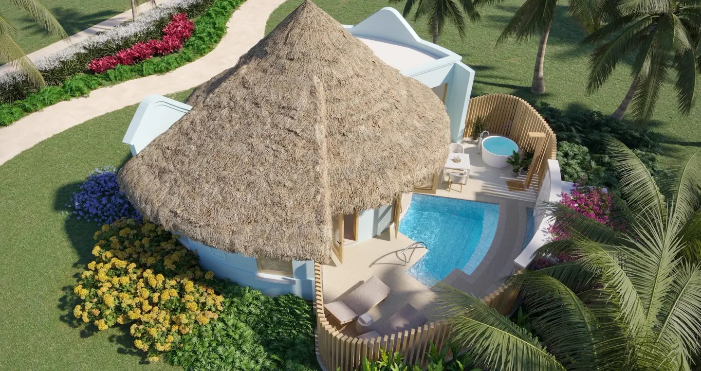 Aerial view of an Asombroso Rondoval Butler Villa with private pool at Sandals Royal Curacao.