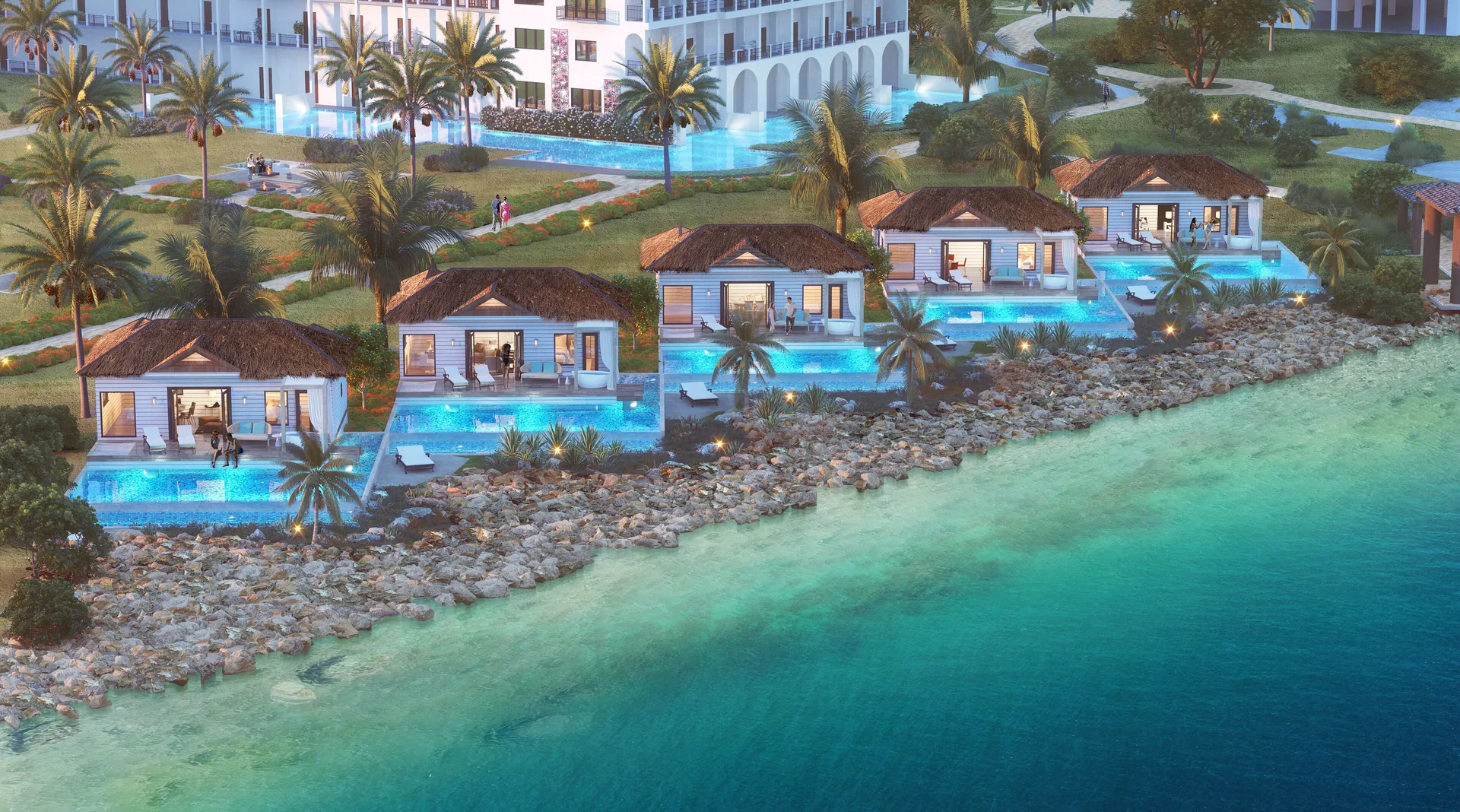 Awa Seaside Butler Bungalows with illuminated private pools at Sandals Royal Curacao.