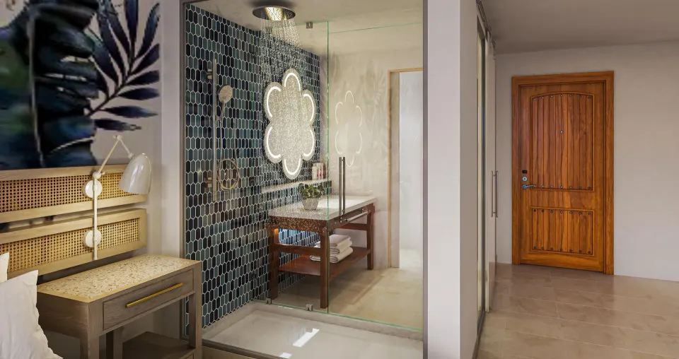 Carisia Club Level Oceanview Room entry and glass shower at Sandals Royal Curacao.