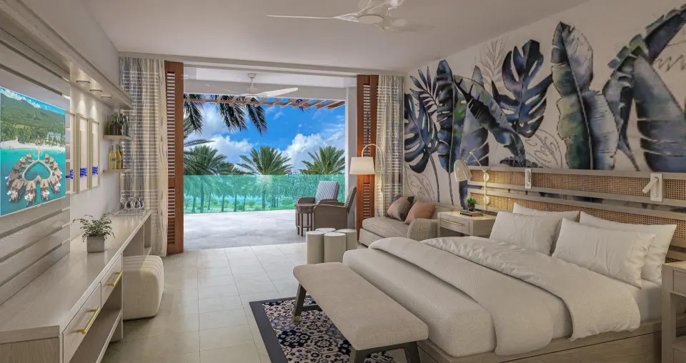 Carisia Club Level Oceanview Room with king bed and balcony at Sandals Royal Curacao.