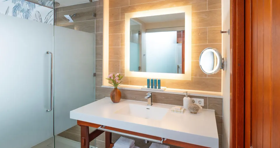 Bathroom vanity and glass shower in a Subi walkout room at Sandals Royal Curacao.