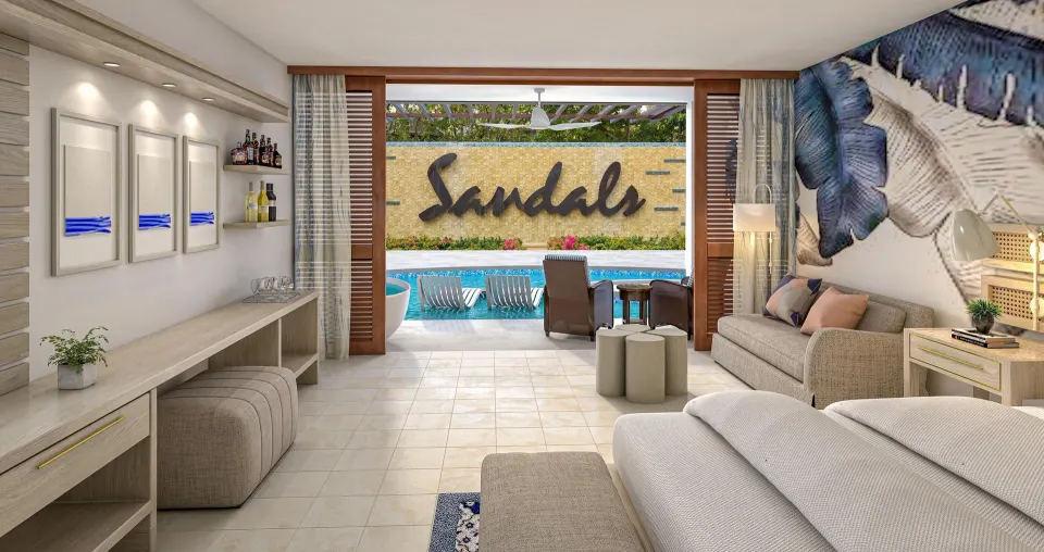Swim-up junior suite patio and sitting area at Sandals Royal Curacao.