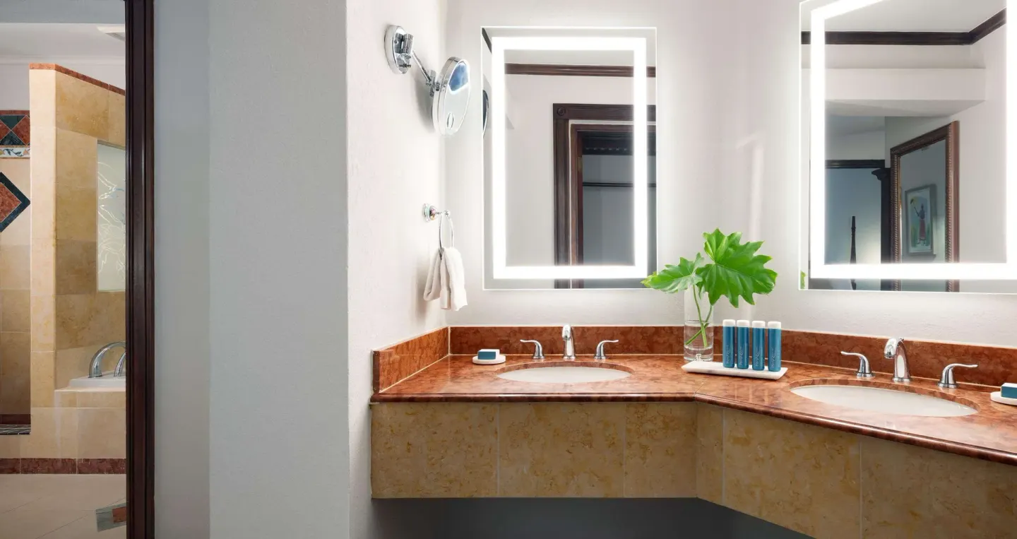 Grand Duke Oceanfront Butler Suite bathroom vanity at Sandals Royal Plantation.