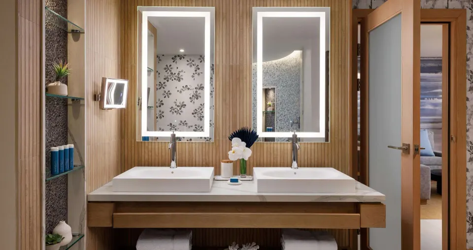 Beachfront club room double vanity bathroom at Sandals South Coast.