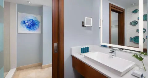 Modern bathroom vanity and walk-in shower in a honeymoon room at Sandals South Coast.
