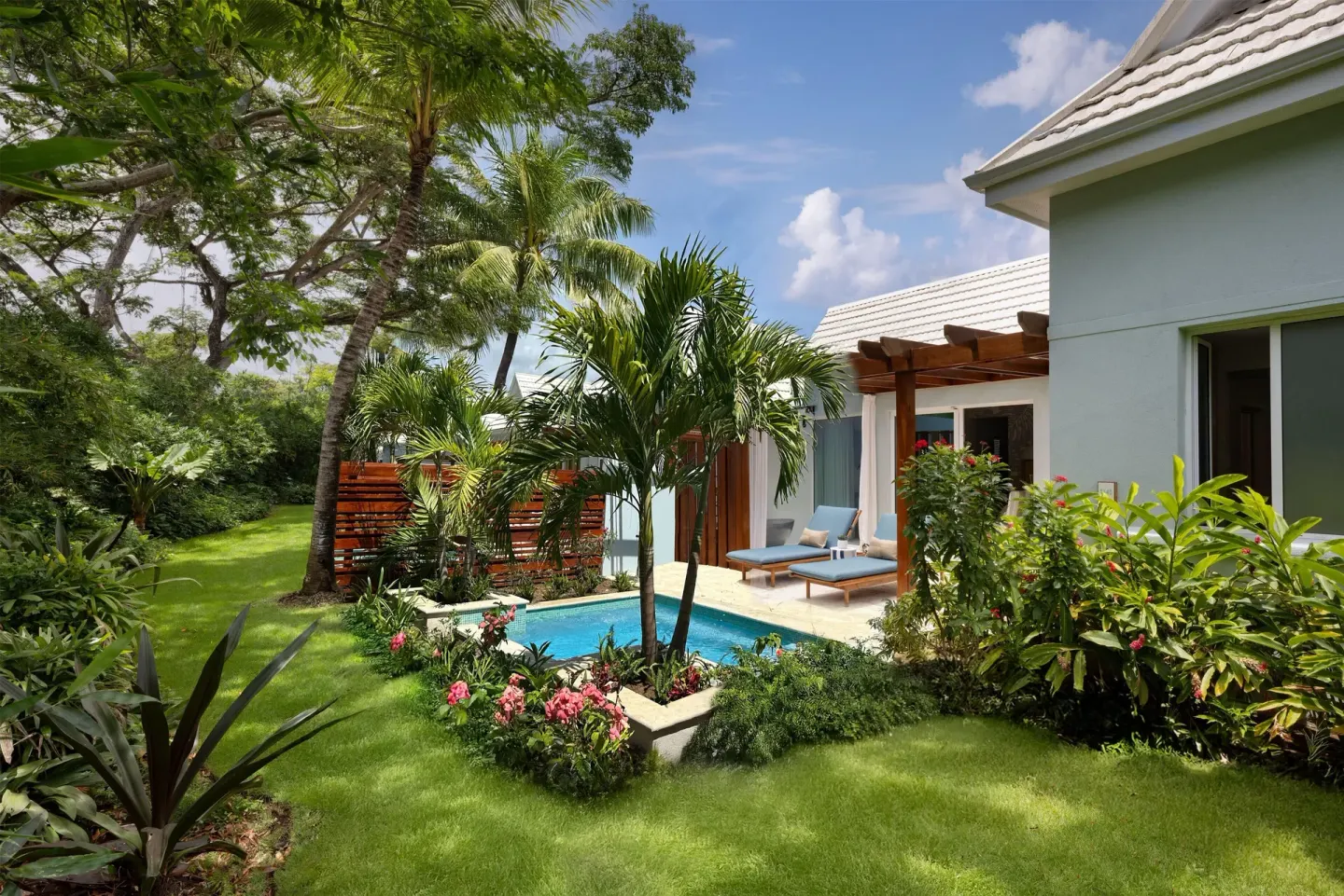 Garden villa patio with private pool and loungers at Sandals St. Vincent and the Grenadines.