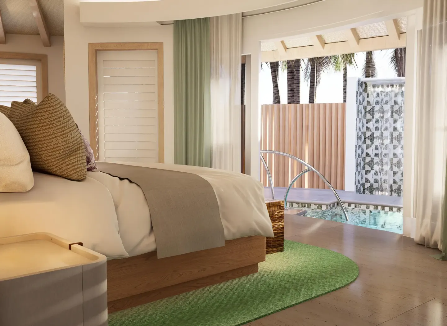 Guest room with king bed opening to a private plunge pool at Sandals St. Vincent and the Grenadines.