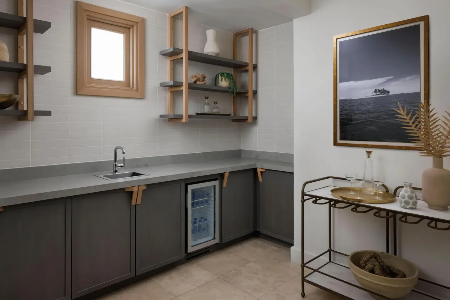 Guest suite kitchenette and bar cart at Sandals St. Vincent and the Grenadines.