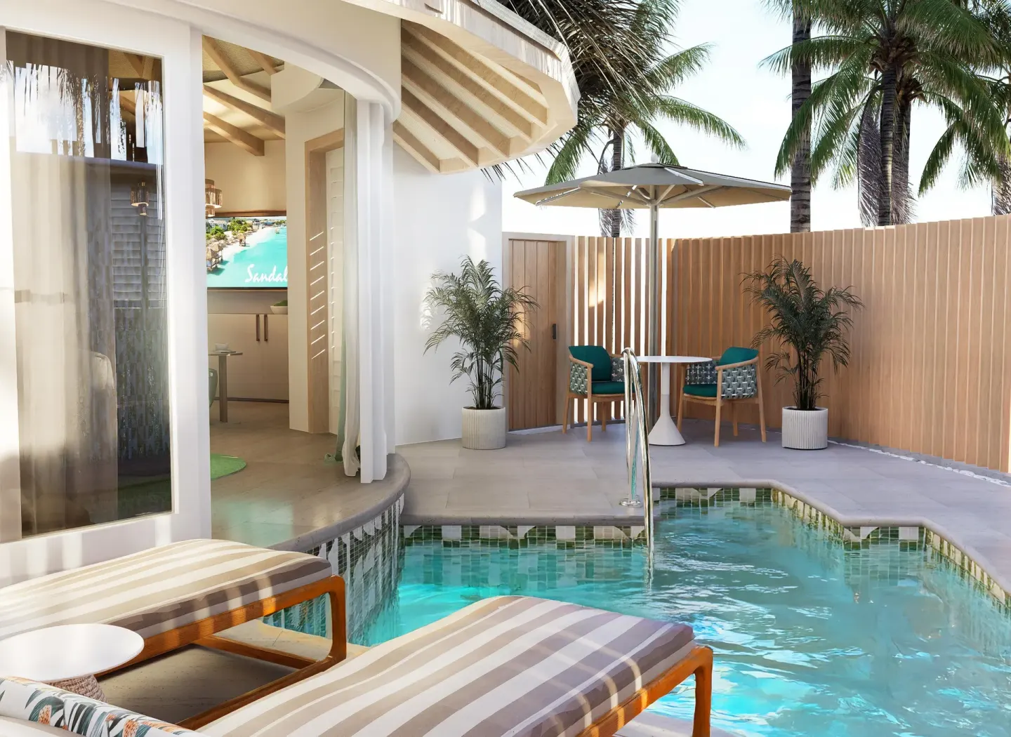 Private pool courtyard with loungers at Sandals St. Vincent and the Grenadines.