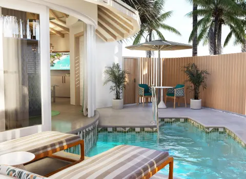 Private pool courtyard with loungers at Sandals St. Vincent and the Grenadines.