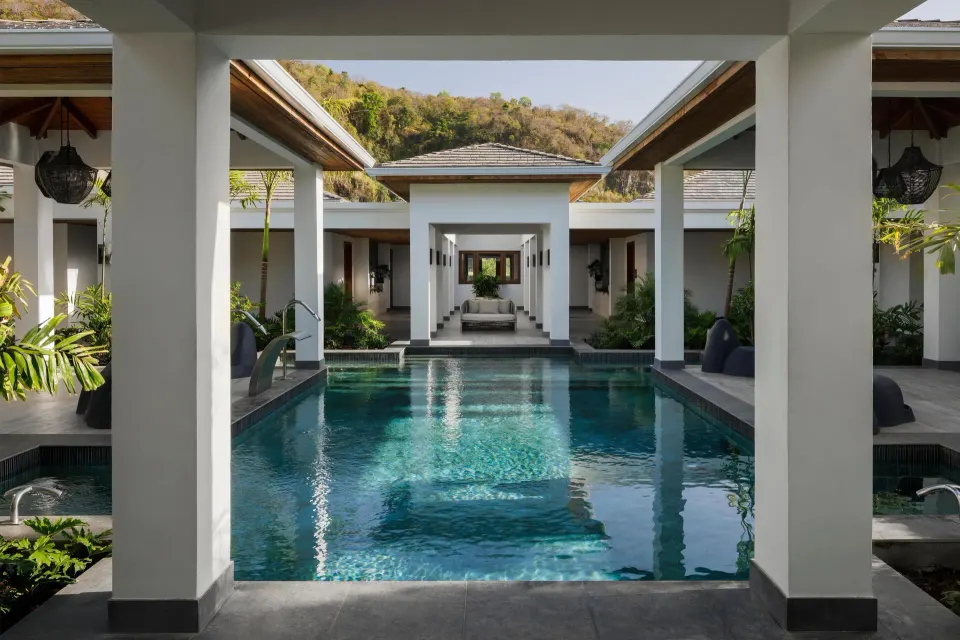 Spa courtyard pool with covered walkways at Sandals St. Vincent and the Grenadines.