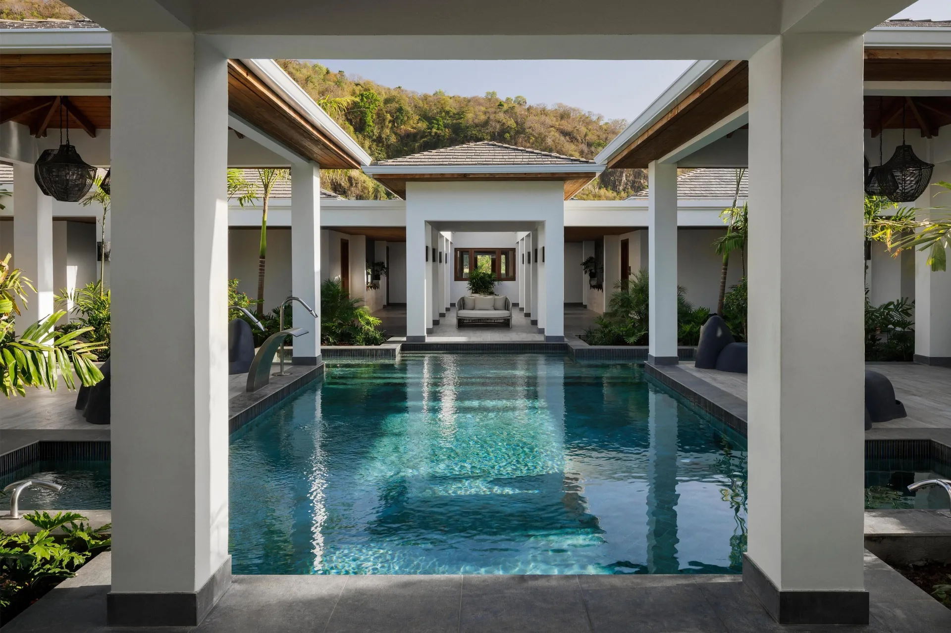 Spa courtyard pool with covered walkways at Sandals St. Vincent and the Grenadines.