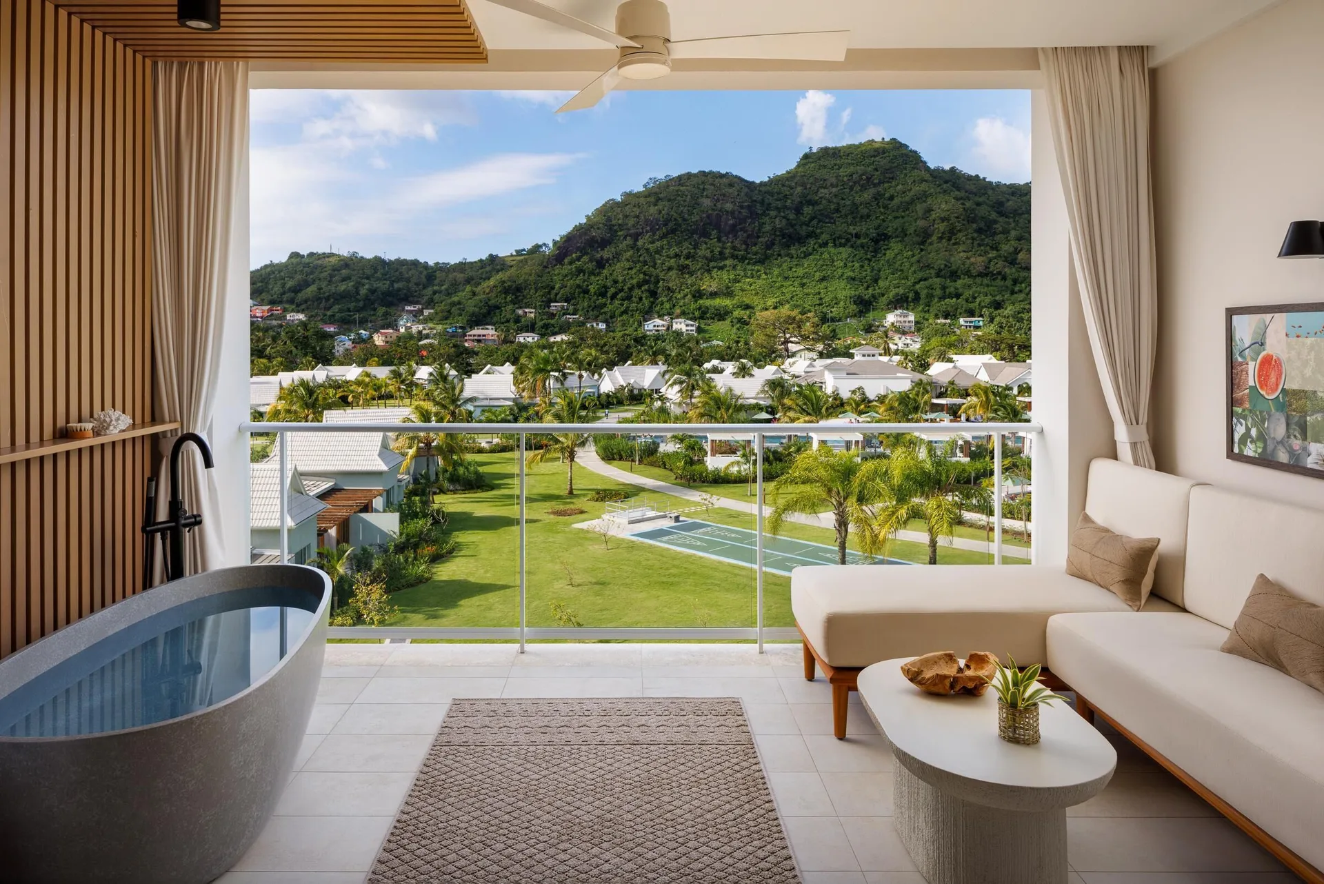 Bamboo Palm Partial Oceanview Room with balcony tranquility soaking tub at Sandals St. Vincent and the Grenadines.