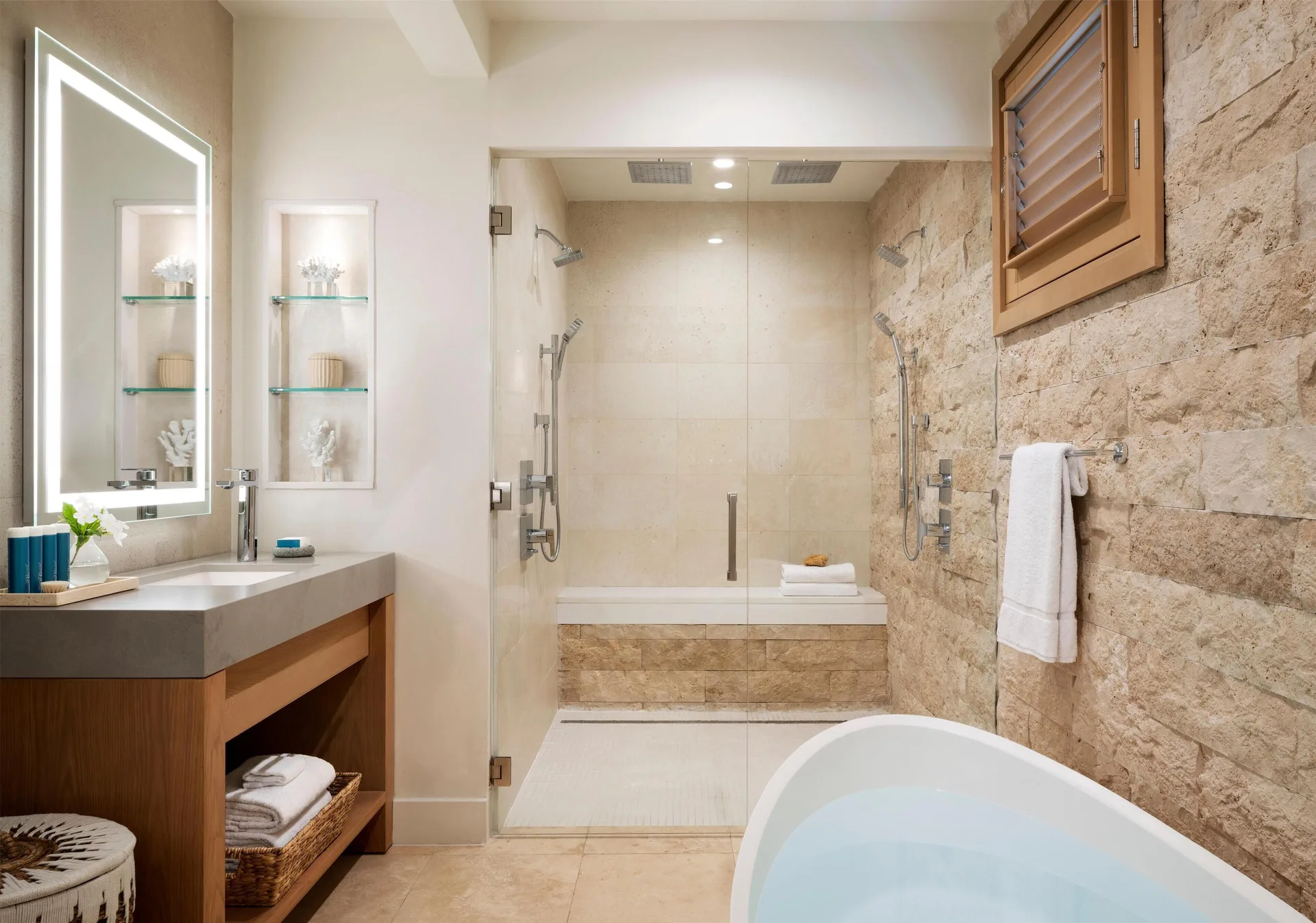 Beachfront One-Bedroom Butler Villa Suite bathroom with luxurious soaking tub and modern finishes at Sandals St. Vincent and the Grenadines.