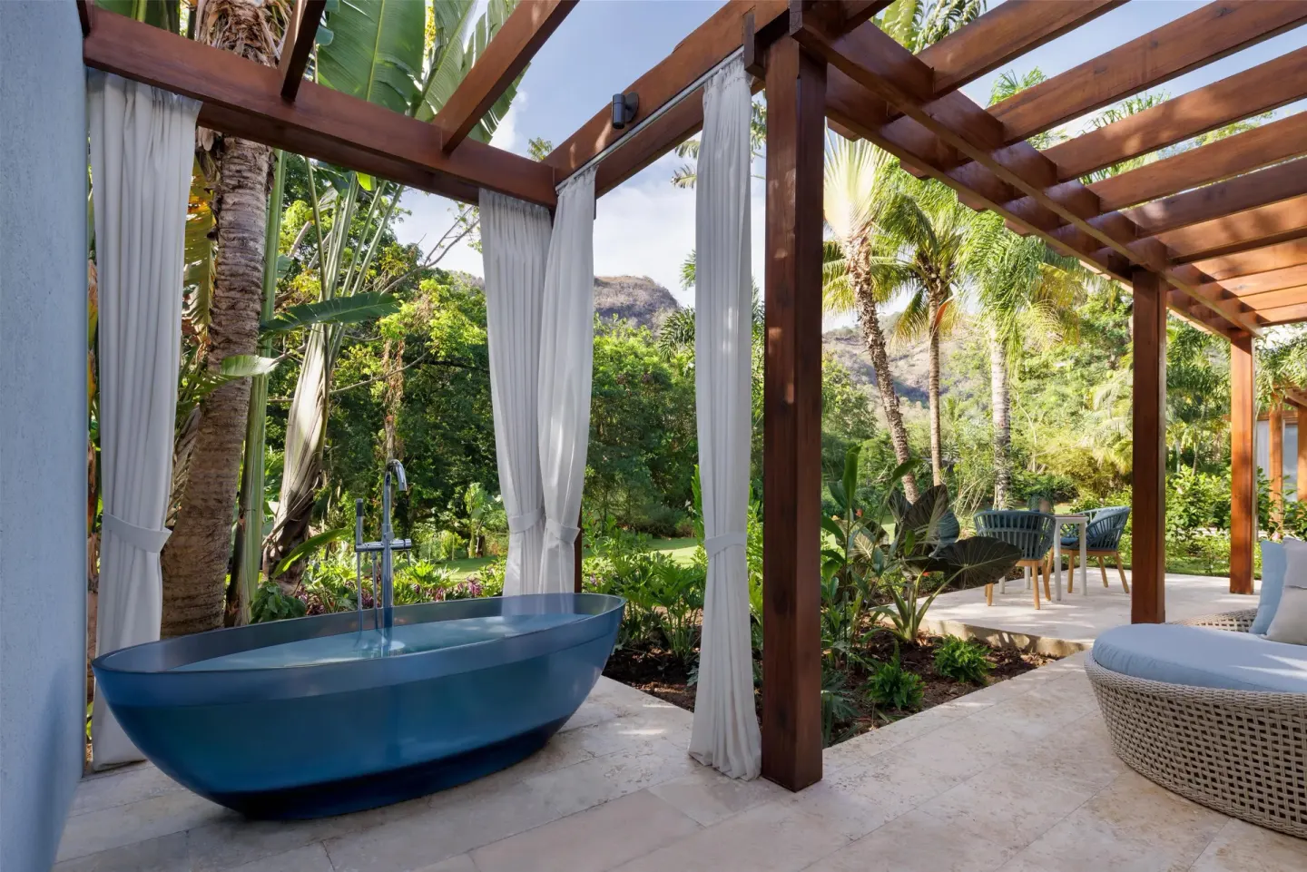 Patio soaking tub in the Garden Butler Suite at Sandals St. Vincent and the Grenadines.