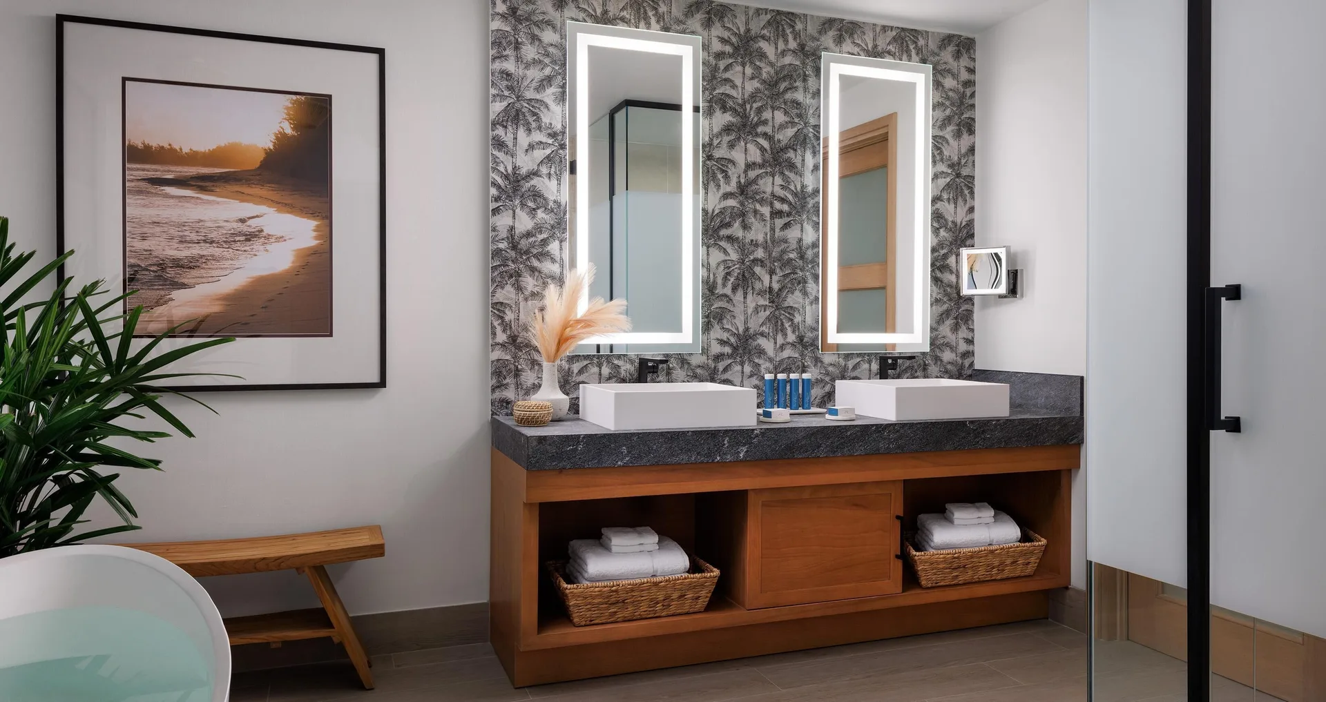 Lady Palm Club Suite bathroom vanity and soaking tub at Sandals St. Vincent and the Grenadines.