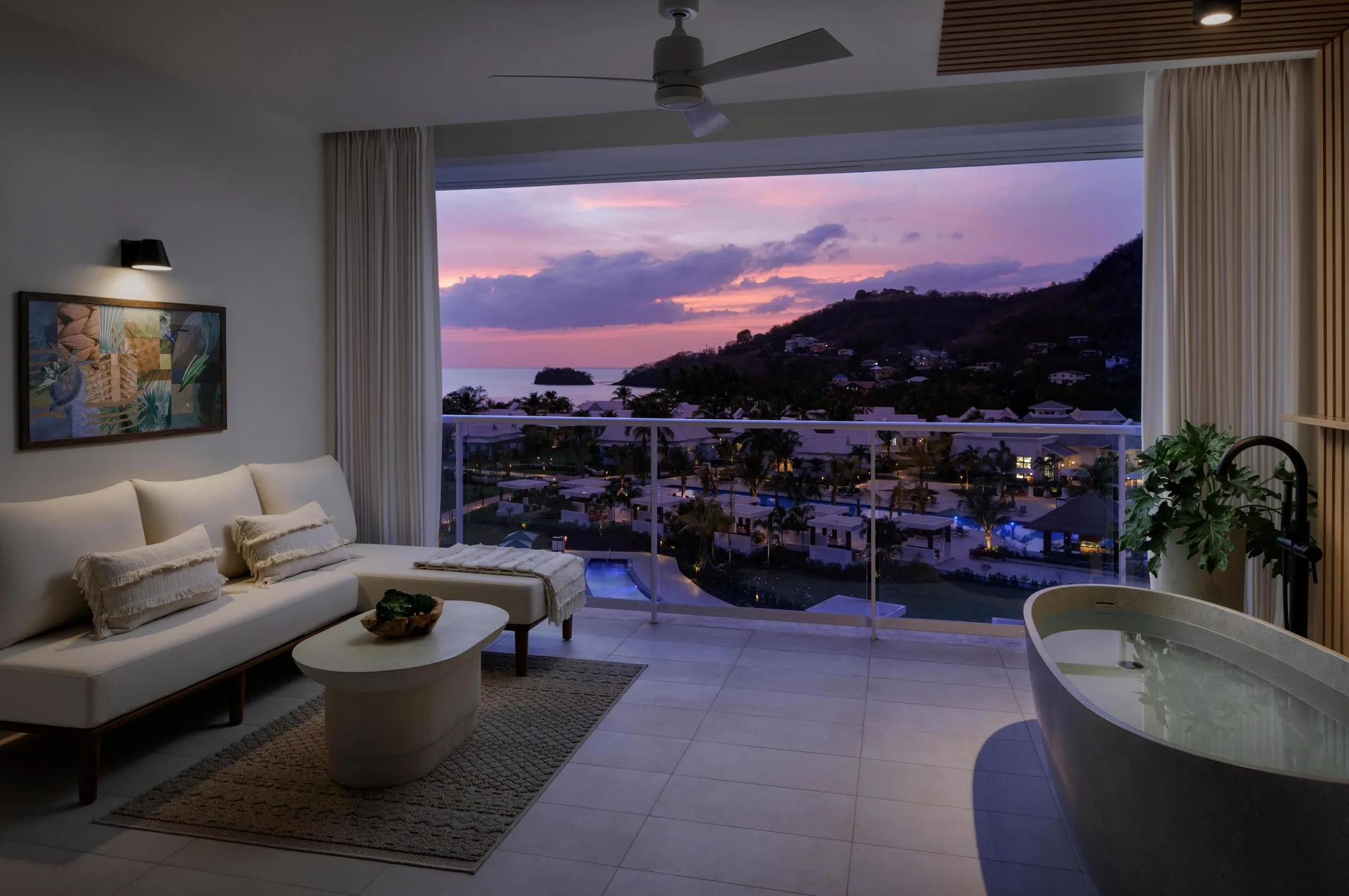 Media room balcony with soaking tub and ocean sunset at Sandals St. Vincent and the Grenadines.