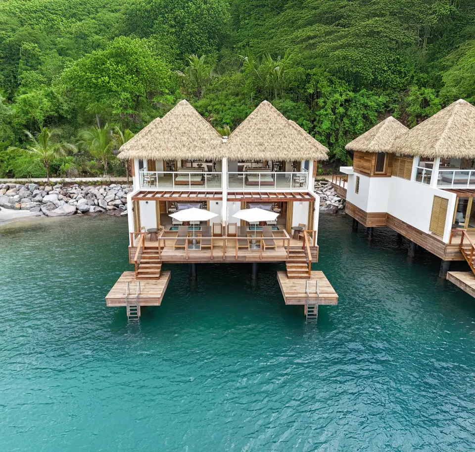 Front view of Vincy Overwater Two-Story Villa decks at Sandals St. Vincent and the Grenadines.