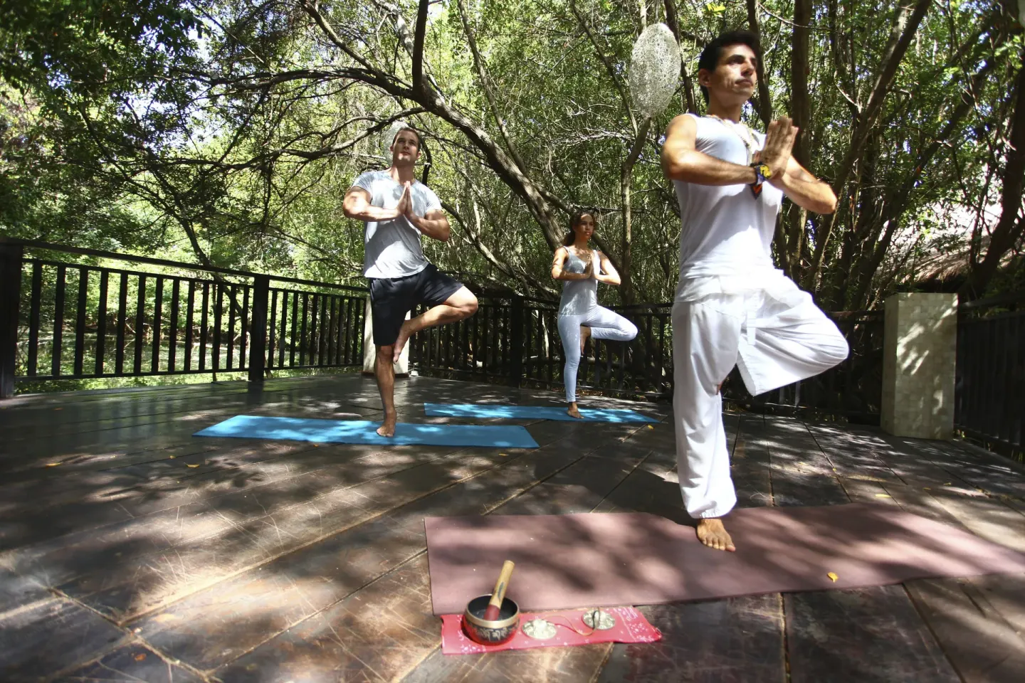 Tree pose yoga class on a forest deck at Sandos Caracol Nature Resort & Water Park.
