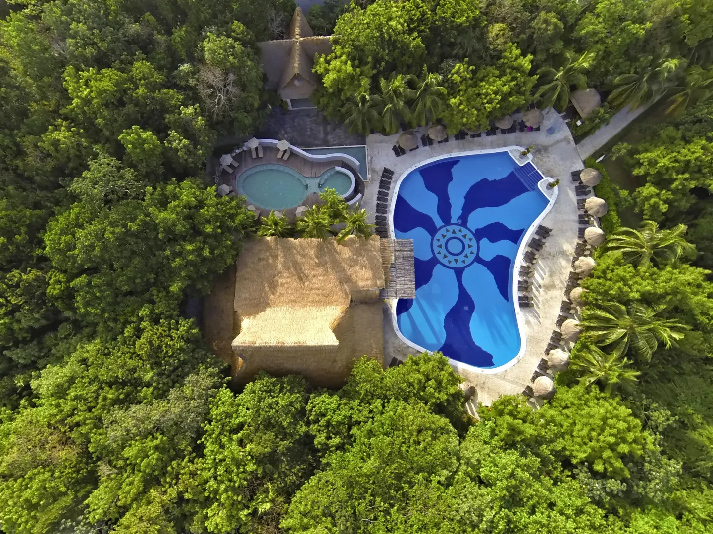 Aerial view of adults-only pool area at Sandos Caracol Nature Resort & Water Park