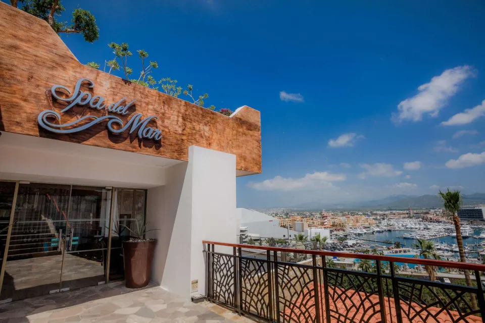 Spa del Mar entrance terrace overlooks the marina at Sandos Finisterra.