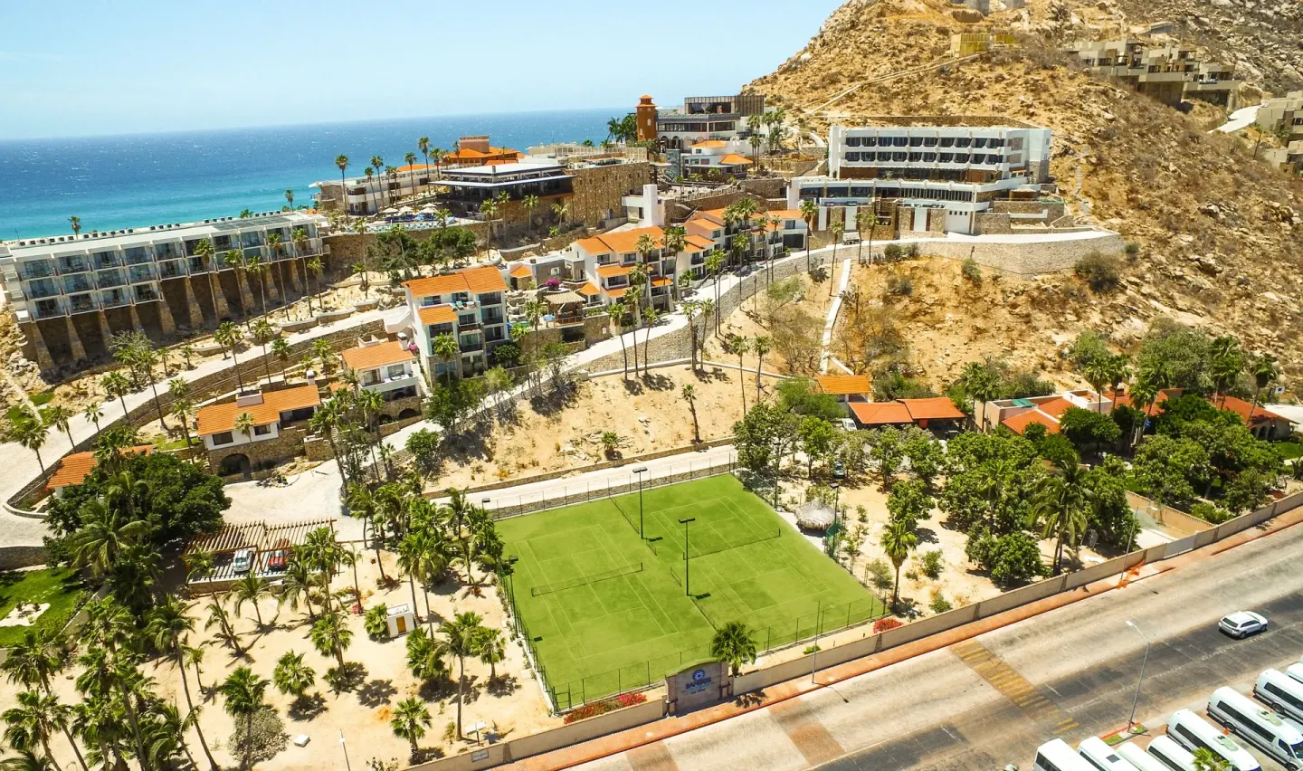 Aerial view of hillside Casita Suite buildings and the grounds at Sandos Finisterra.
