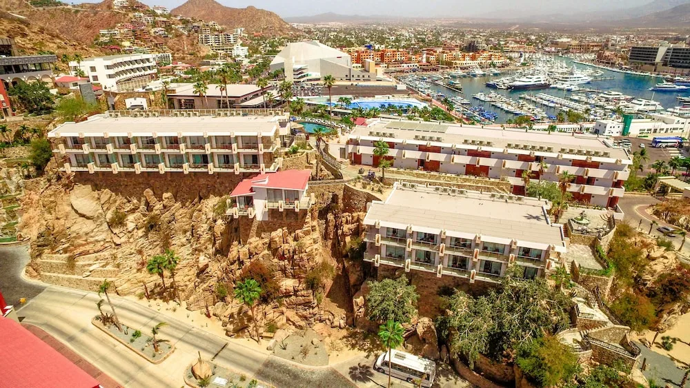 Aerial view of Junior Suite buildings and marina at Sandos Finisterra.