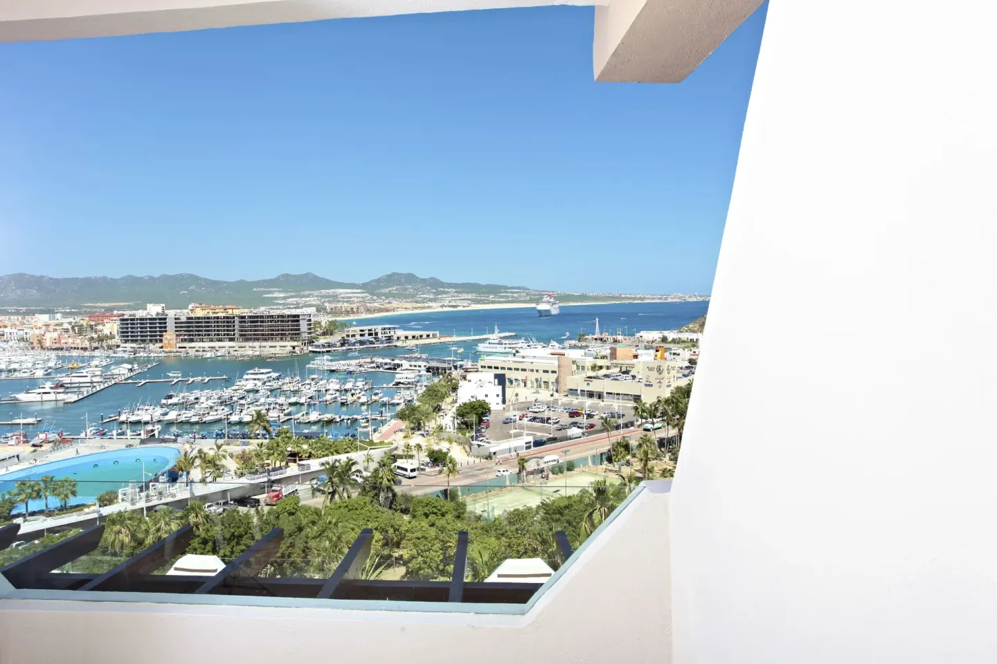 Marina Bay View balcony outlook over boats and bay at Sandos Finisterra.