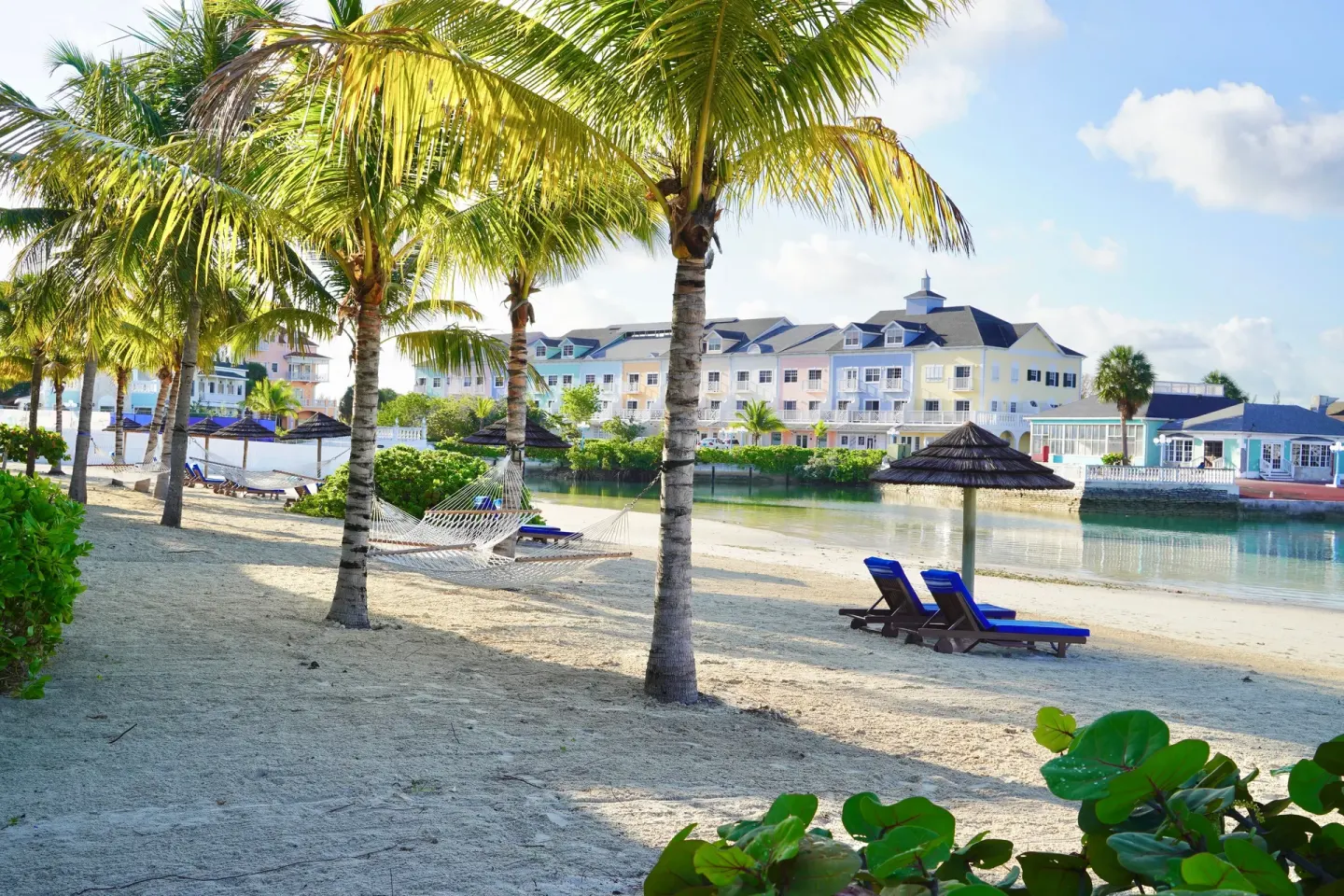 Lagoon beach with palms, loungers and resort buildings at Sandyport Beach Resort.
