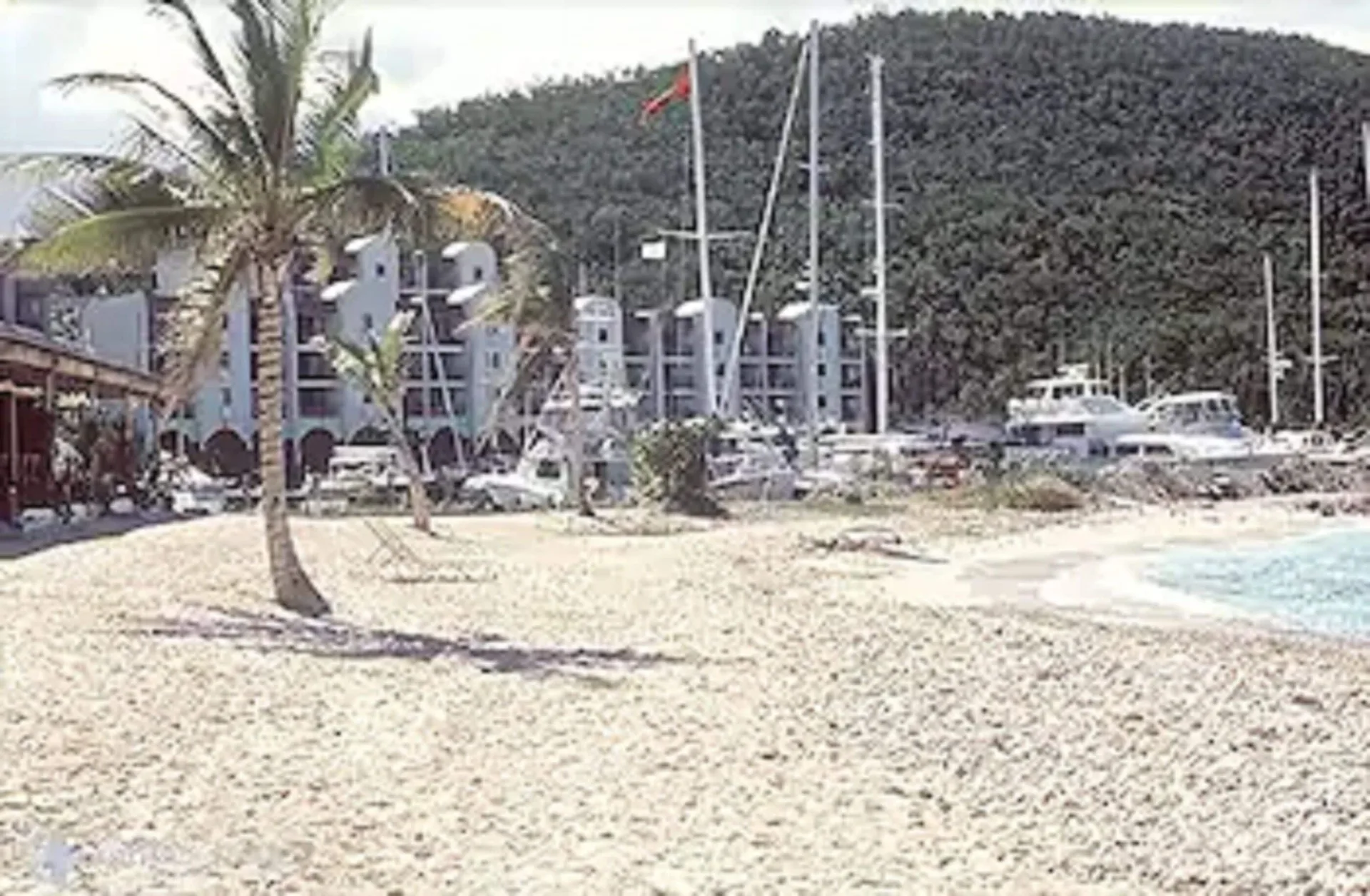 Sandy beach with palms, boats, and hillside backdrop at Sapphire Beach Resort.