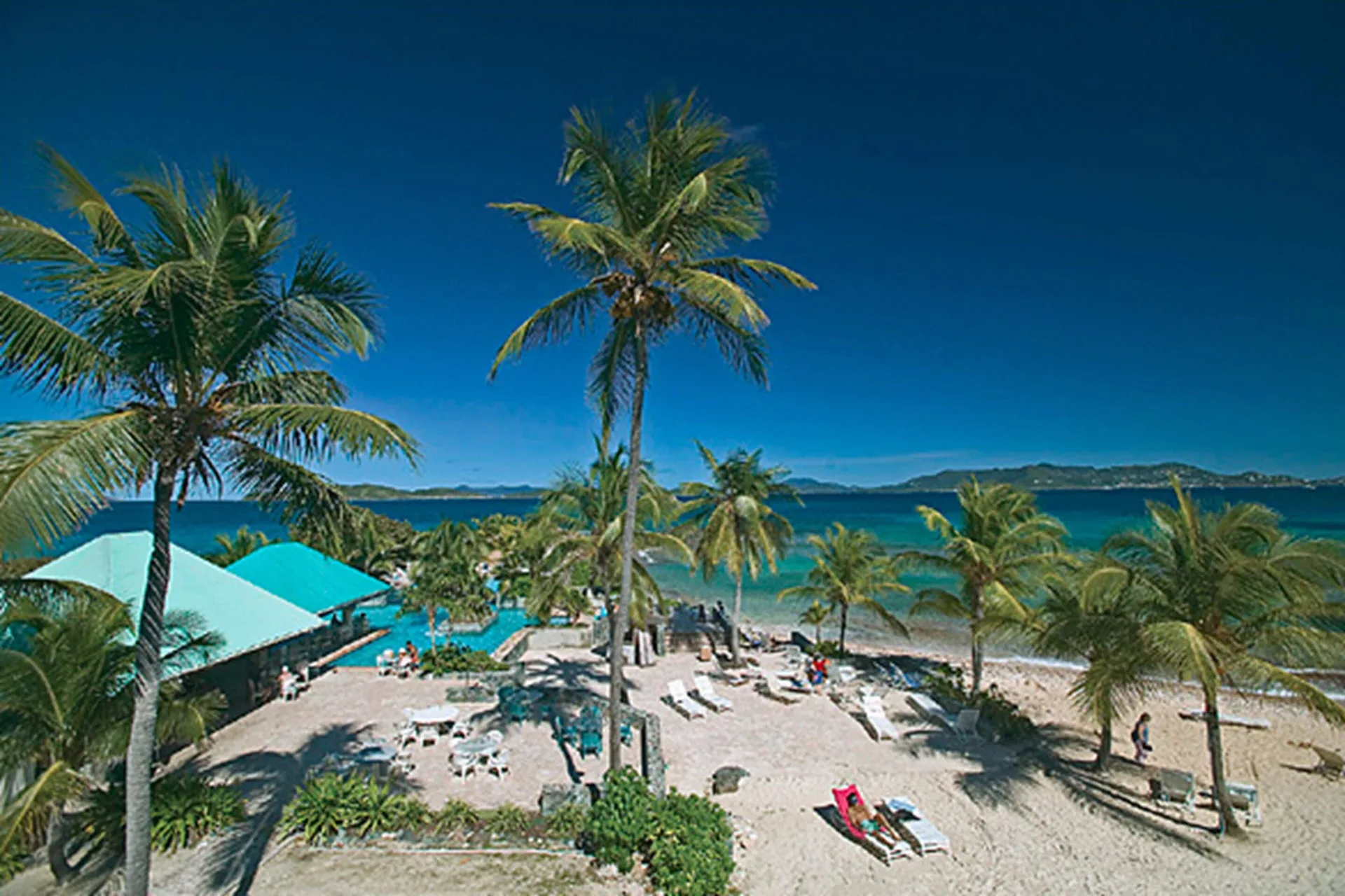 Beach, pool, palms, and ocean view at Sapphire Beach Resort.