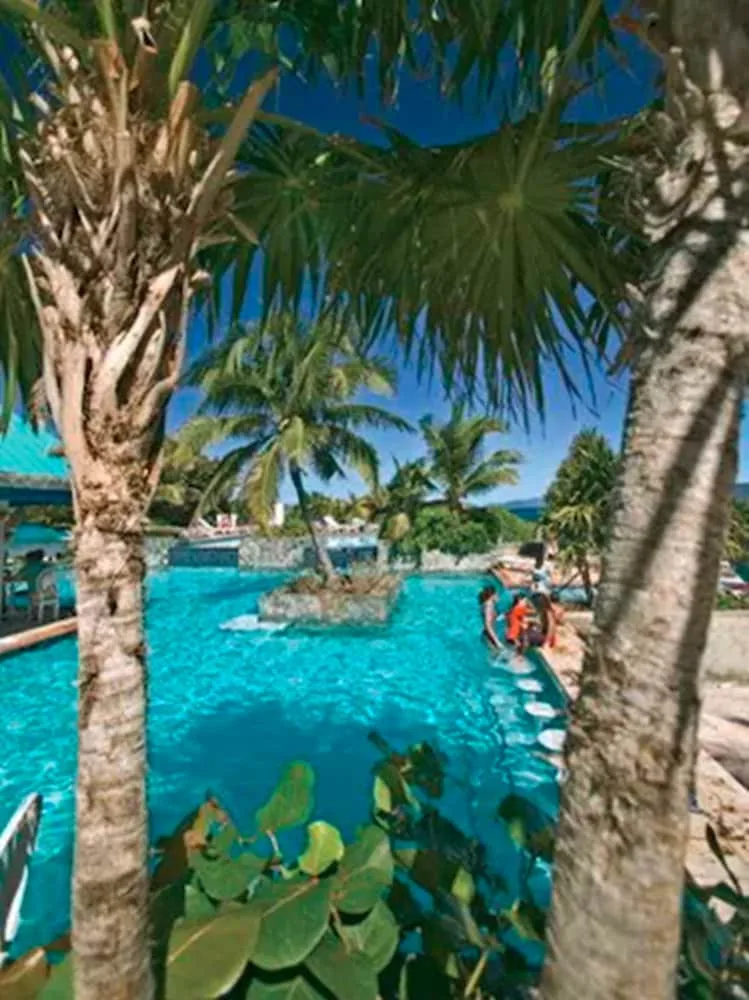 Palm-framed swimming pool with turquoise water at Sapphire Beach Resort.
