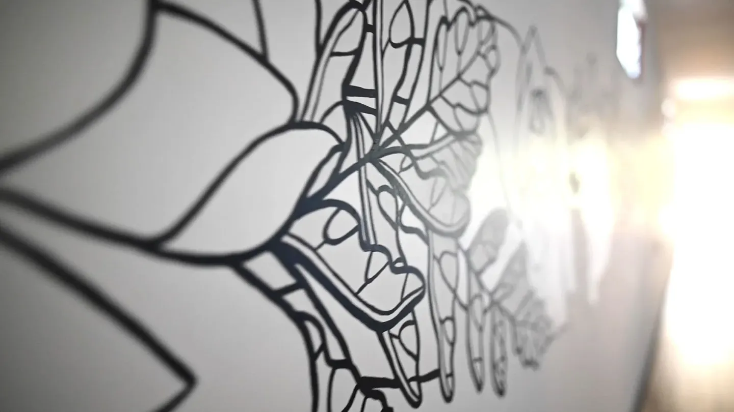 Close-up of black line art on a wall at SCP Hilo Hotel.