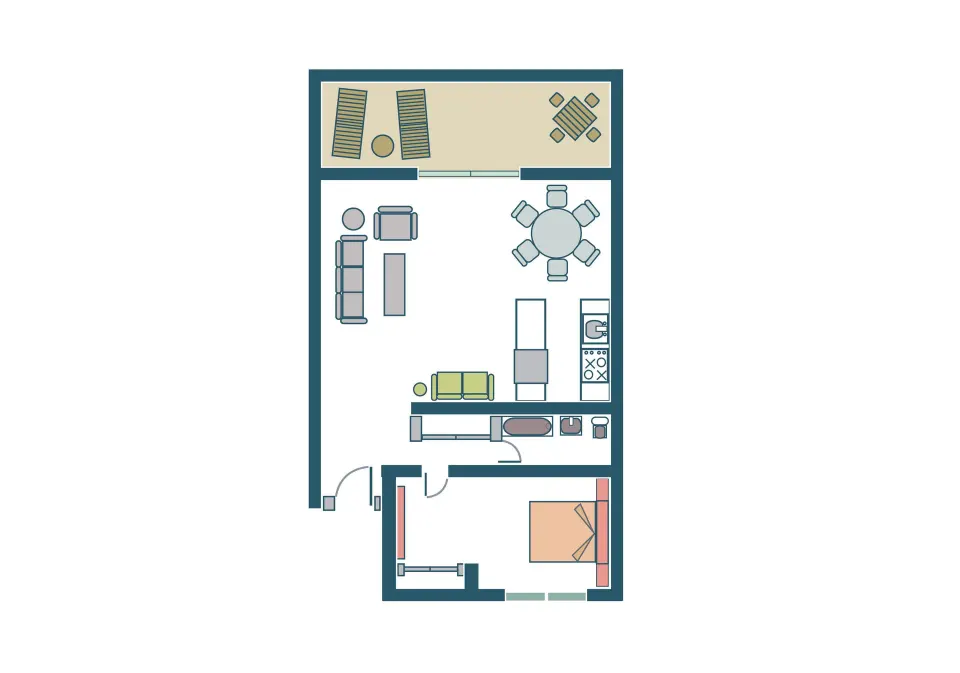 One-bedroom hillside condo floor plan at Secret Harbour Beach Resort.