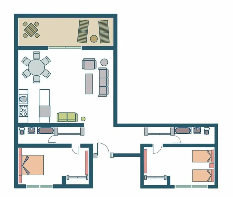 Floor plan diagram for a hillside two-bedroom condo at Secret Harbour Beach Resort.