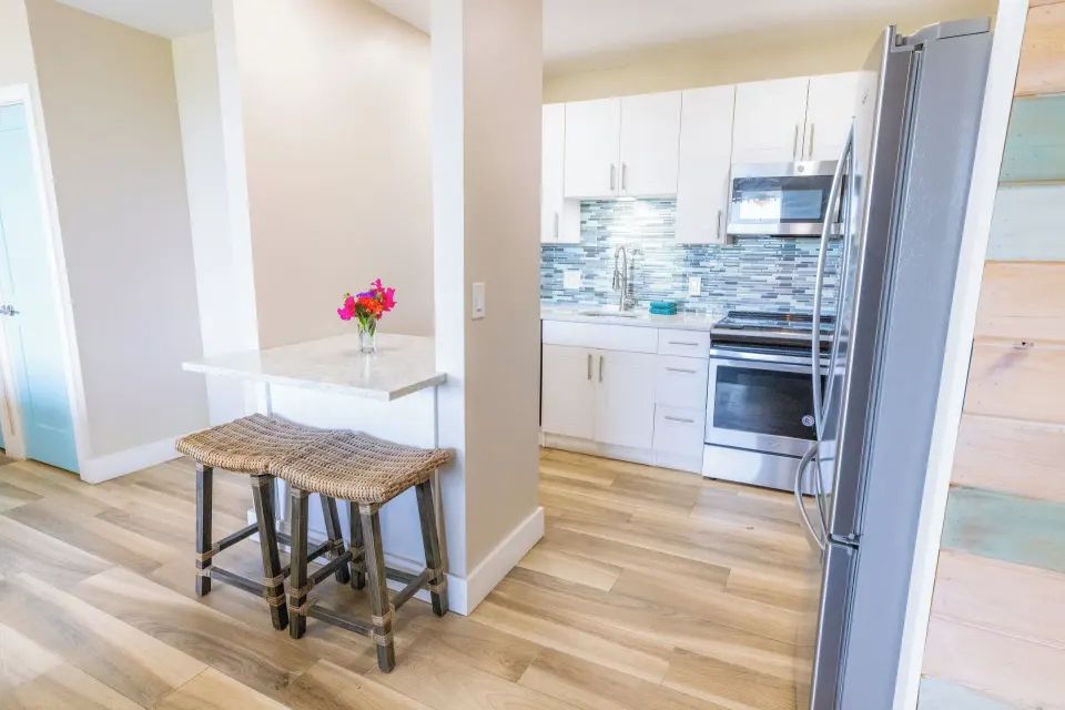 Studio Suite kitchen and small dining counter at Secret Harbour Beach Resort.