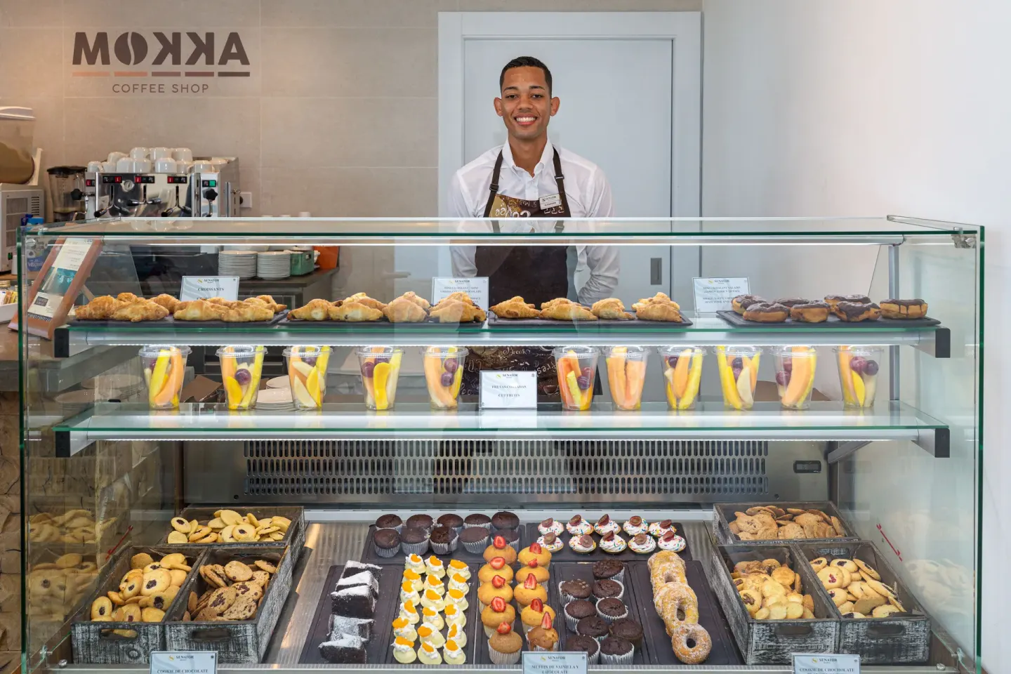 Pastries and fruit cups fill the Mokka display case at Senator Puerto Plata.