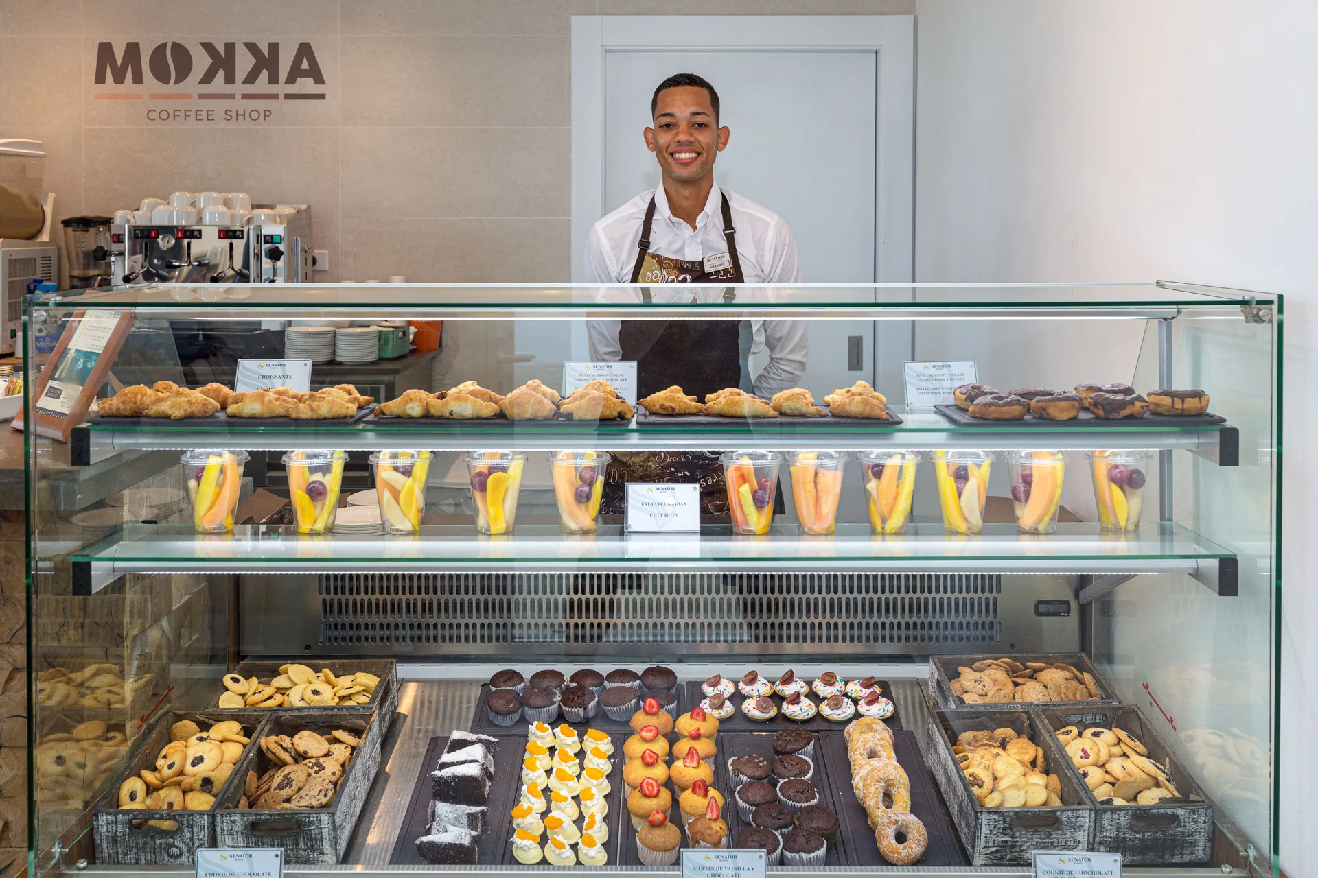 Pastries and fruit cups fill the Mokka display case at Senator Puerto Plata.