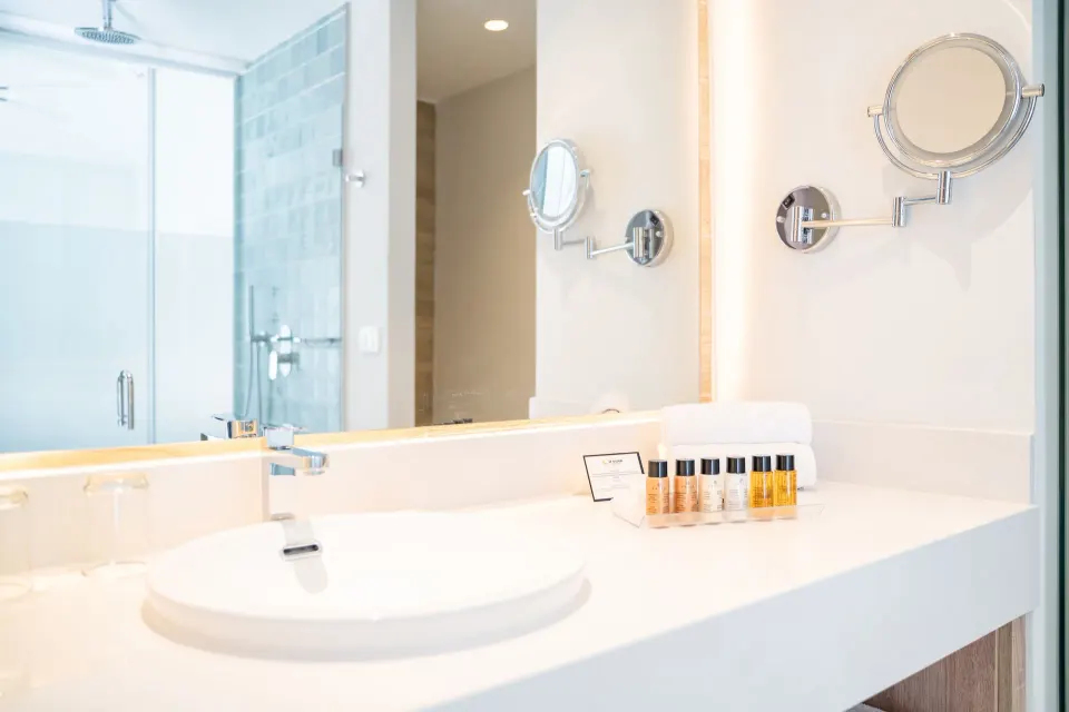 Luxury Junior Suite Ocean View bathroom vanity with sink at Senator Puerto Plata.