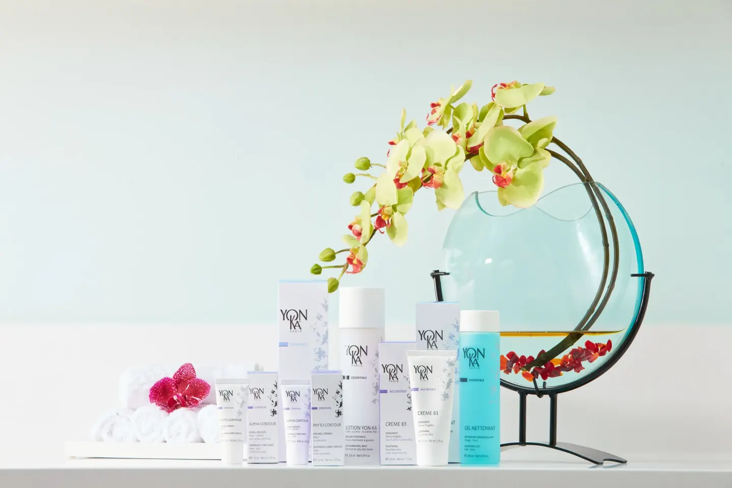 Spa skincare products and orchid display at Seven Stars Resort & Spa.