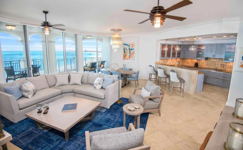 2-Bedroom Ocean View Suite living area and kitchen at Seven Stars Resort & Spa.