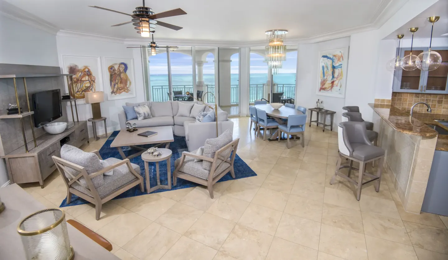 Ocean-view one-bedroom suite living and dining area at Seven Stars Resort & Spa.