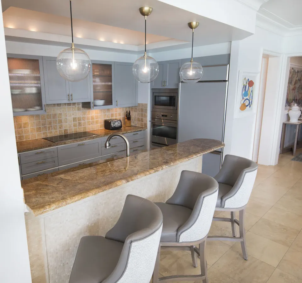 Ocean View Two Bedroom Suite kitchen with island seating at Seven Stars Resort & Spa.