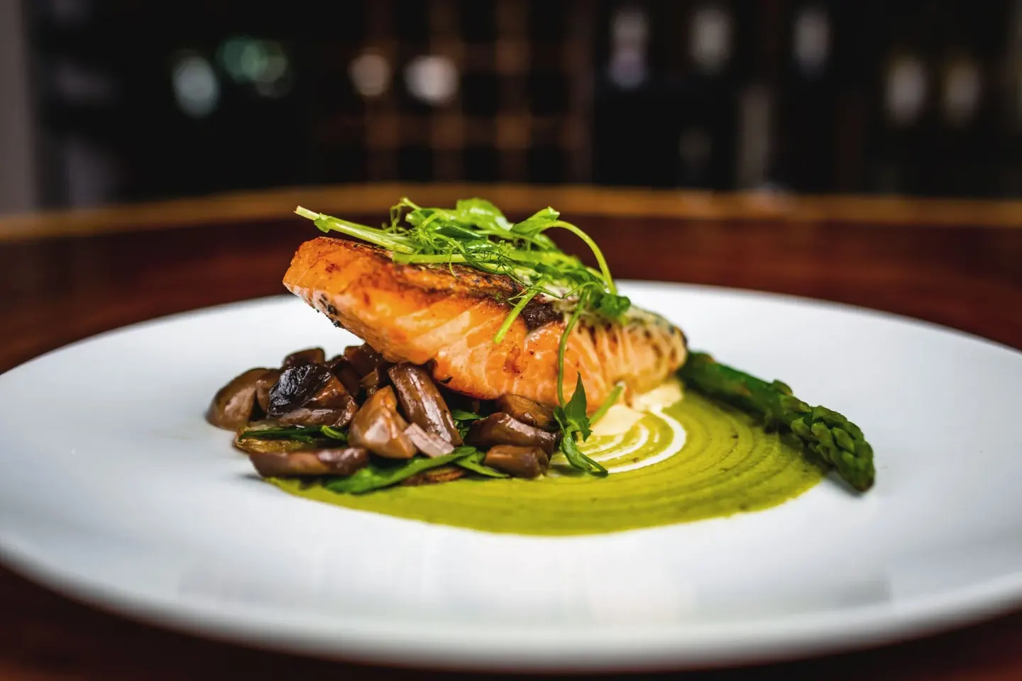 Seared salmon with vegetables and green sauce at Sheraton Buganvilias Puerto Vallarta.