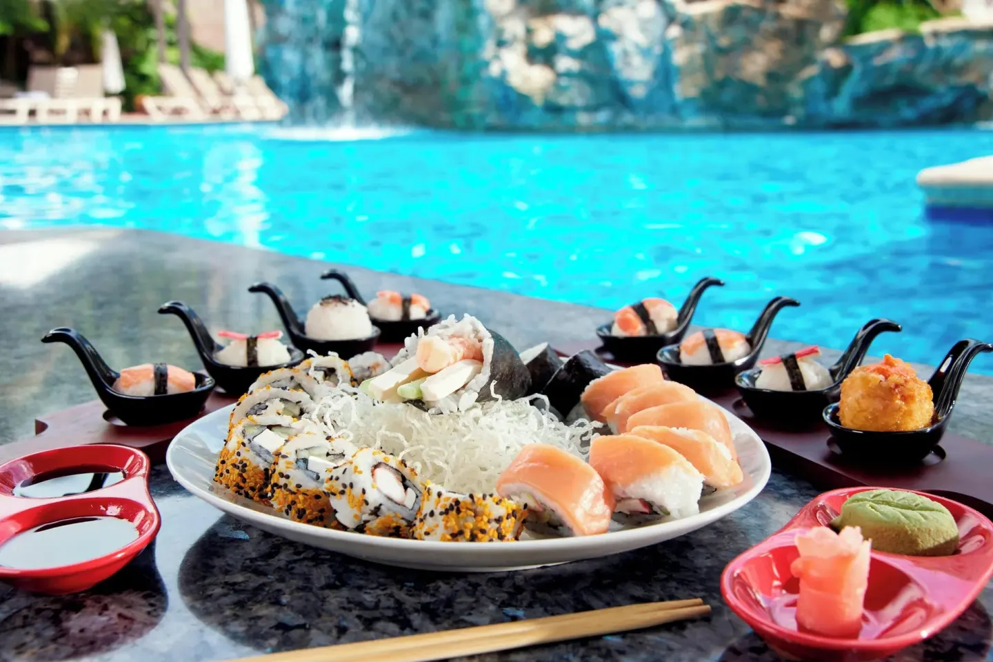 Sushi platter served beside the pool at Sheraton Buganvilias Puerto Vallarta.
