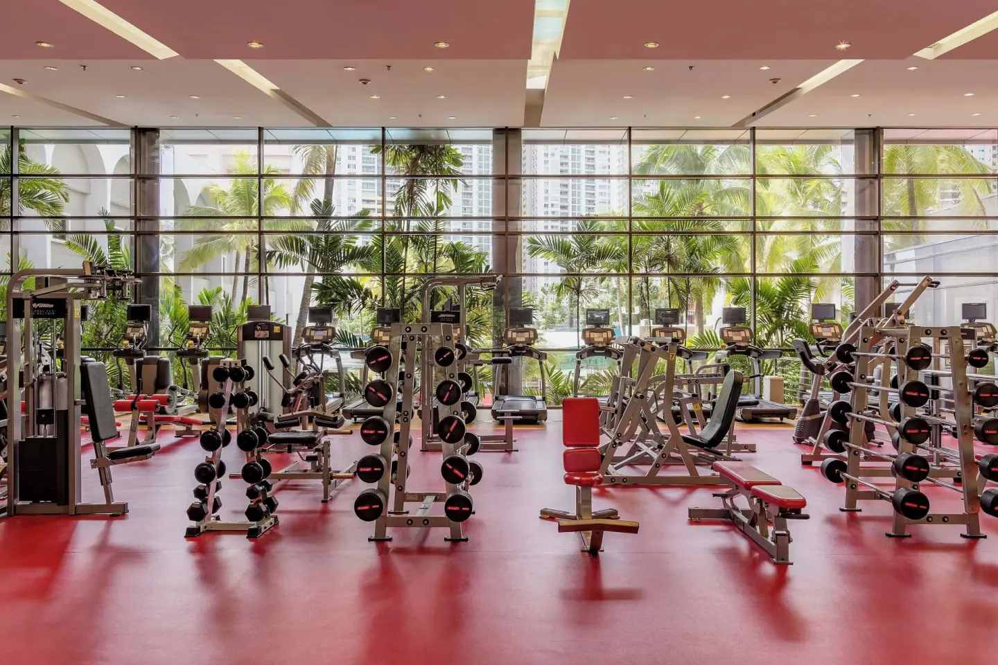 Fitness center equipment facing large windows at Sheraton Grand Panama.