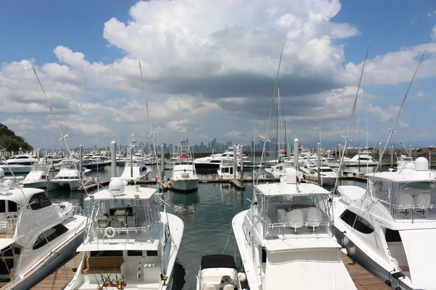 Marina filled with yachts and skyline views near Sheraton Grand Panama.