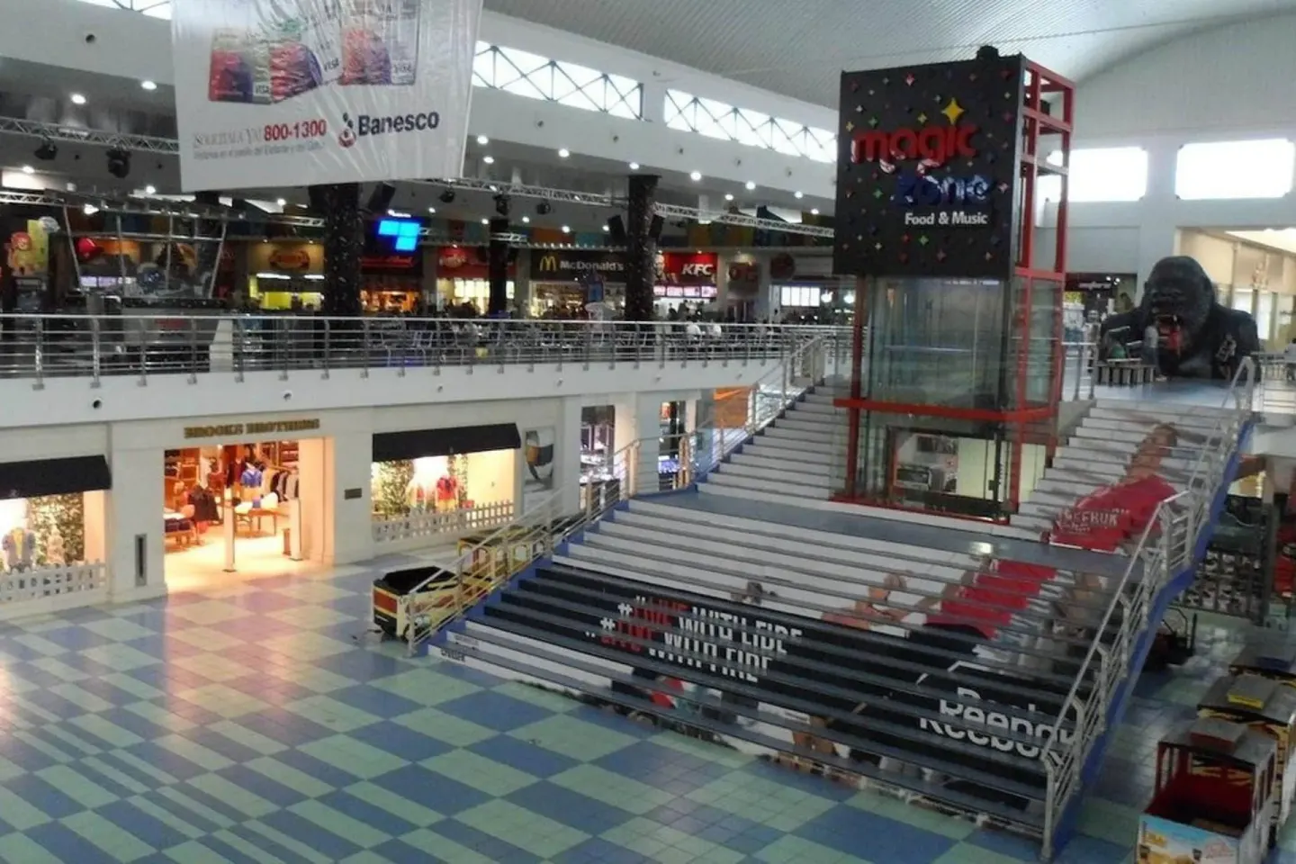Indoor shopping mall atrium with stairs near Sheraton Grand Panama.